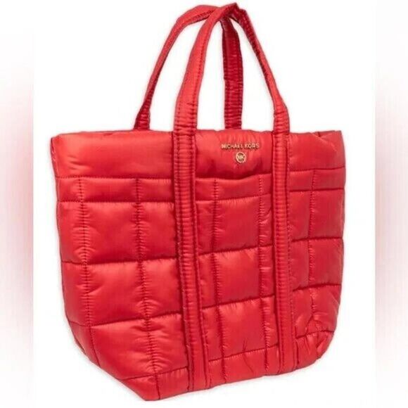 MICHAEL KORS Stirling quilted recycled nylon puffy SMALL tote bag RED $258 - Picture 2 of 5